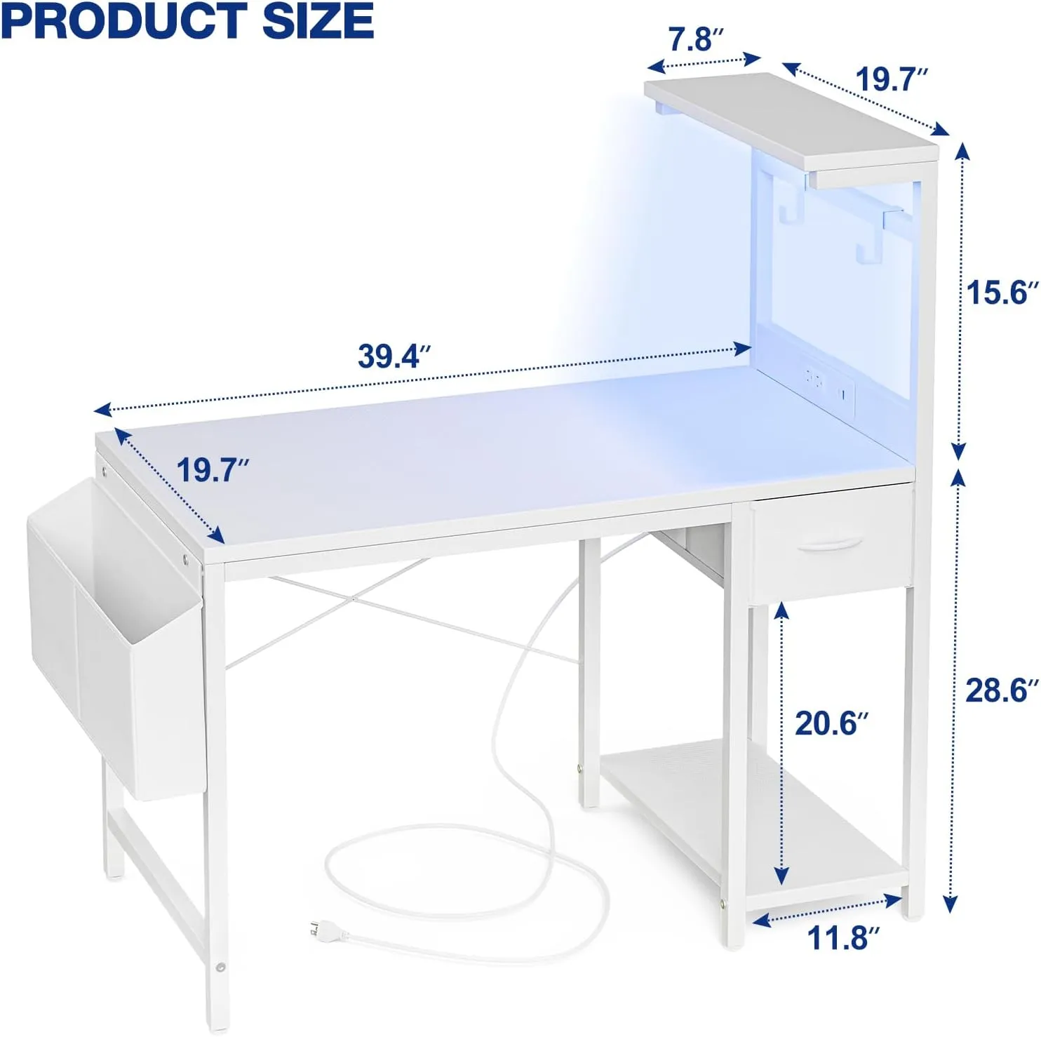 Gaming Desk 40 Inch with Power Outlet and LED Light, Computer Desk with Reversible Shelves and Storage Drawer, Pc Small Desk for Home Office Table with Bag, Carbon Fiber White