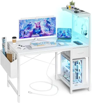 Gaming Desk 40 Inch with Power Outlet and LED Light, Computer Desk with Reversible Shelves and Storage Drawer, Pc Small Desk for Home Office Table with Bag, Carbon Fiber White
