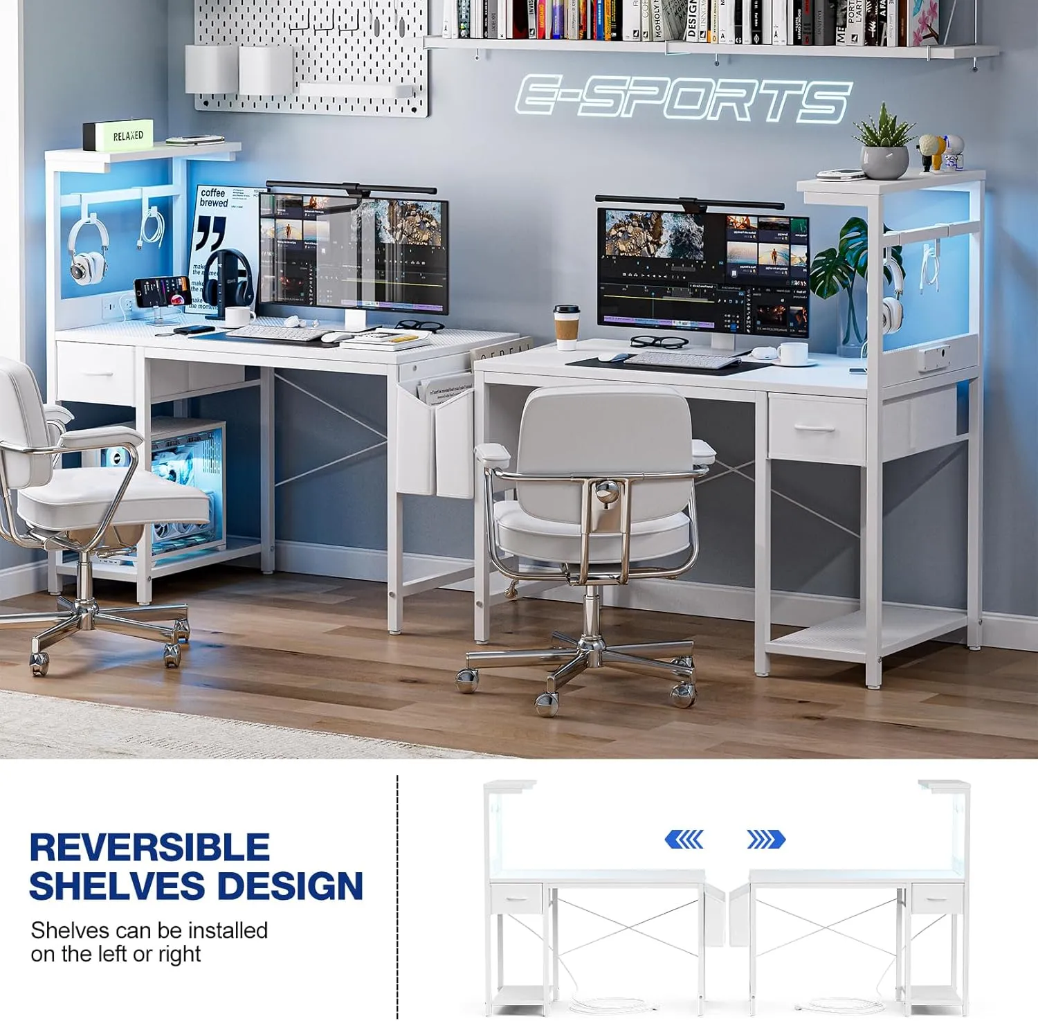 Gaming Desk 40 Inch with Power Outlet and LED Light, Computer Desk with Reversible Shelves and Storage Drawer, Pc Small Desk for Home Office Table with Bag, Carbon Fiber White