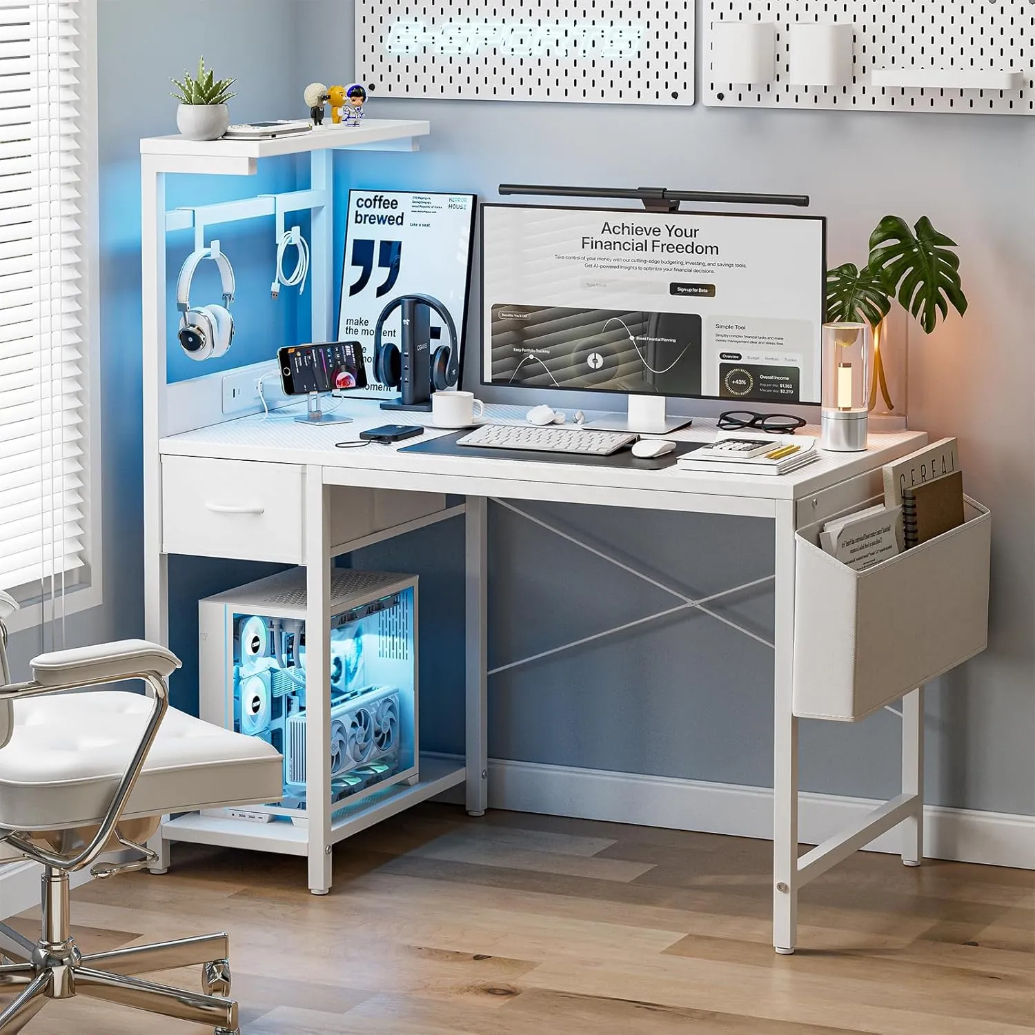 Gaming Desk 40 Inch with Power Outlet and LED Light, Computer Desk with Reversible Shelves and Storage Drawer, Pc Small Desk for Home Office Table with Bag, Carbon Fiber White