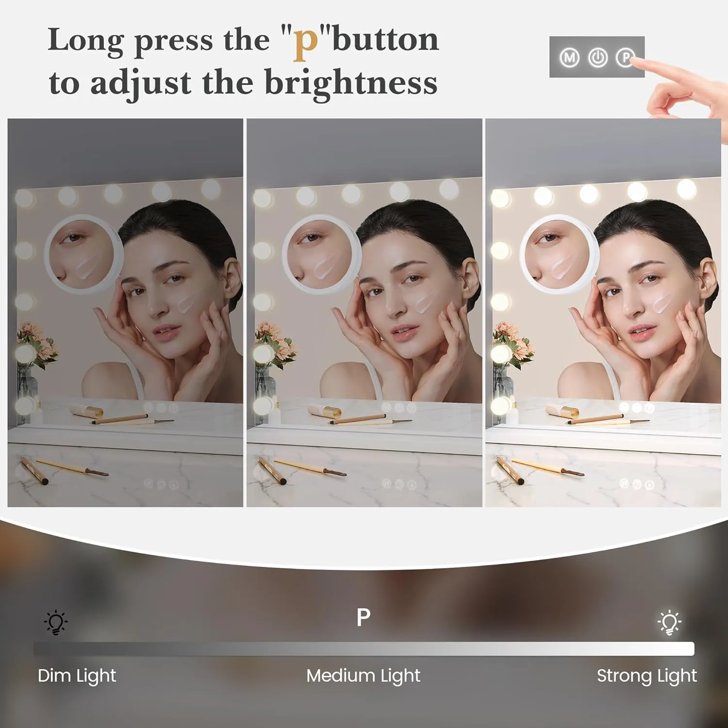 GAOMON Vanity Mirror with Lights, Lighted Mirror with 15 Dimmable LED Bulbs, Makeup Mirror with 3X Magnification, 3 Colors Modes,Touch Control, Metal Frame,White