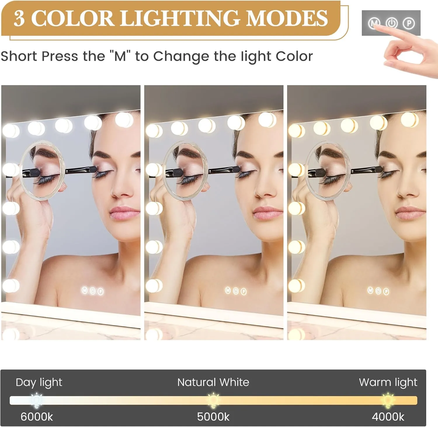 GAOMON Vanity Mirror with Lights, Lighted Mirror with 15 Dimmable LED Bulbs, Makeup Mirror with 3X Magnification, 3 Colors Modes,Touch Control, Metal Frame,White