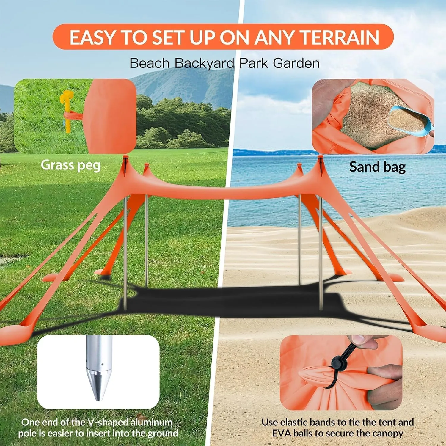 Gardentime Beach Tent Canopy with 8 Sandbags 4 Aluminum Poles, Pop Up Portable Camping Sun Shelter, Easy Set Up with 2 Sand Shovel, Ground Pegs, Carrying Bag for Outdoor Beach,Picnic, Fishing