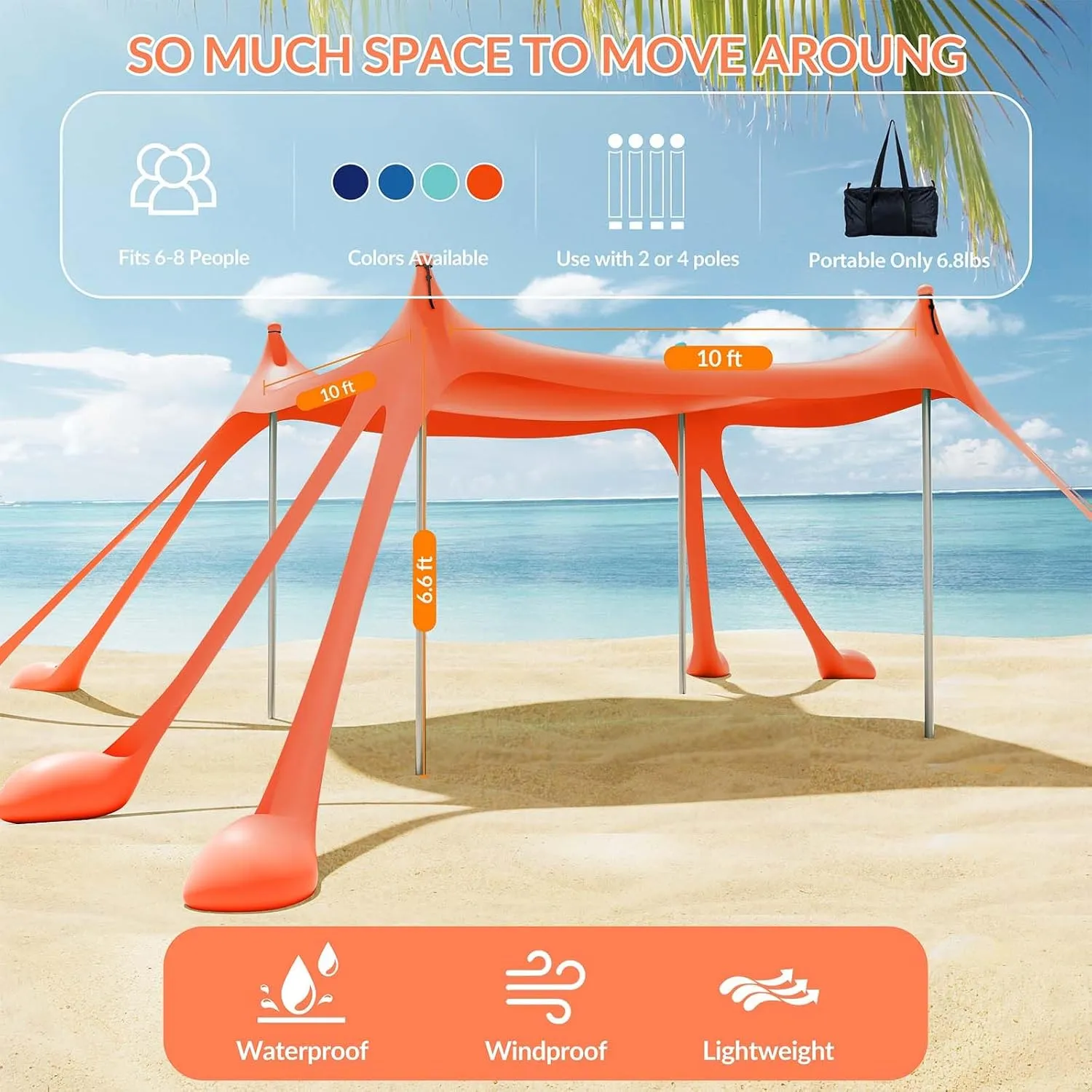 Gardentime Beach Tent Canopy with 8 Sandbags 4 Aluminum Poles, Pop Up Portable Camping Sun Shelter, Easy Set Up with 2 Sand Shovel, Ground Pegs, Carrying Bag for Outdoor Beach,Picnic, Fishing