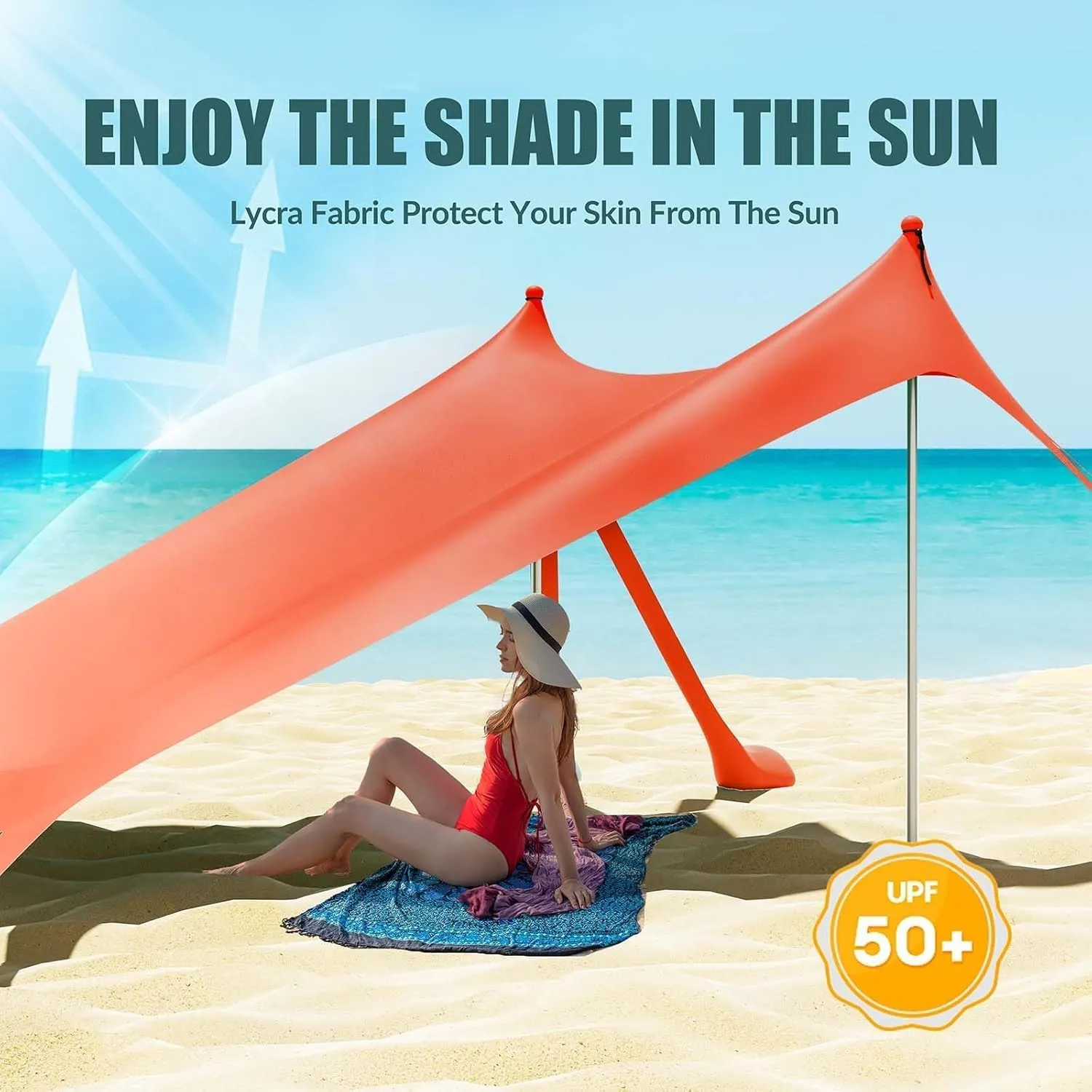 Gardentime Beach Tent Canopy with 8 Sandbags 4 Aluminum Poles, Pop Up Portable Camping Sun Shelter, Easy Set Up with 2 Sand Shovel, Ground Pegs, Carrying Bag for Outdoor Beach,Picnic, Fishing