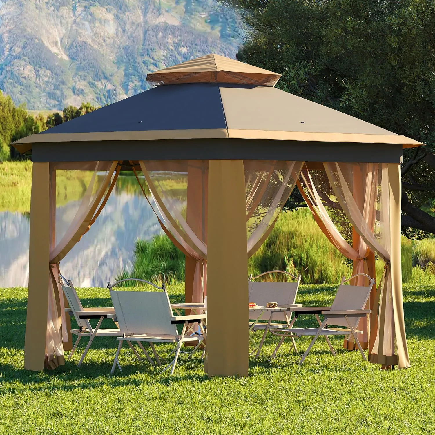 Garvee 13x13FT Pop Up Gazebo Screen Tent,Hexagonal Instant Gazebo Tent with Mosquito Netting Outdoor Canopy,6 Sided Sun Shelter with Mesh Netting,Pavilion Tents for Patio,Khaki Beige