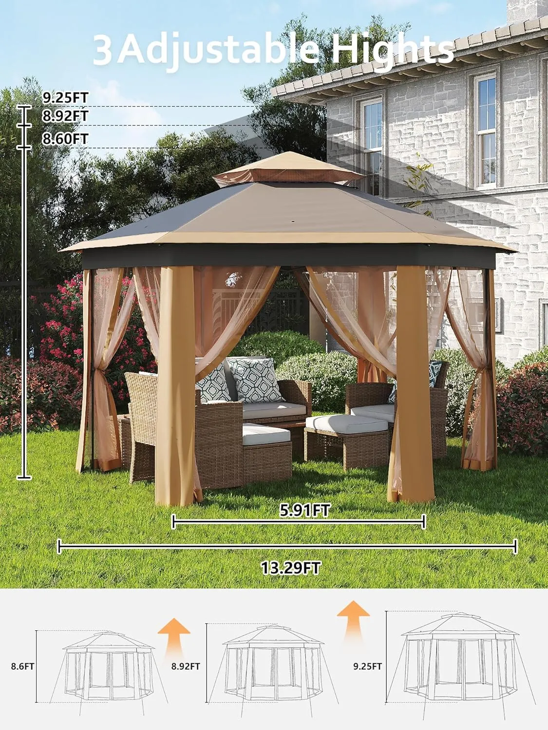 Garvee 13x13FT Pop Up Gazebo Screen Tent,Hexagonal Instant Gazebo Tent with Mosquito Netting Outdoor Canopy,6 Sided Sun Shelter with Mesh Netting,Pavilion Tents for Patio,Khaki Beige