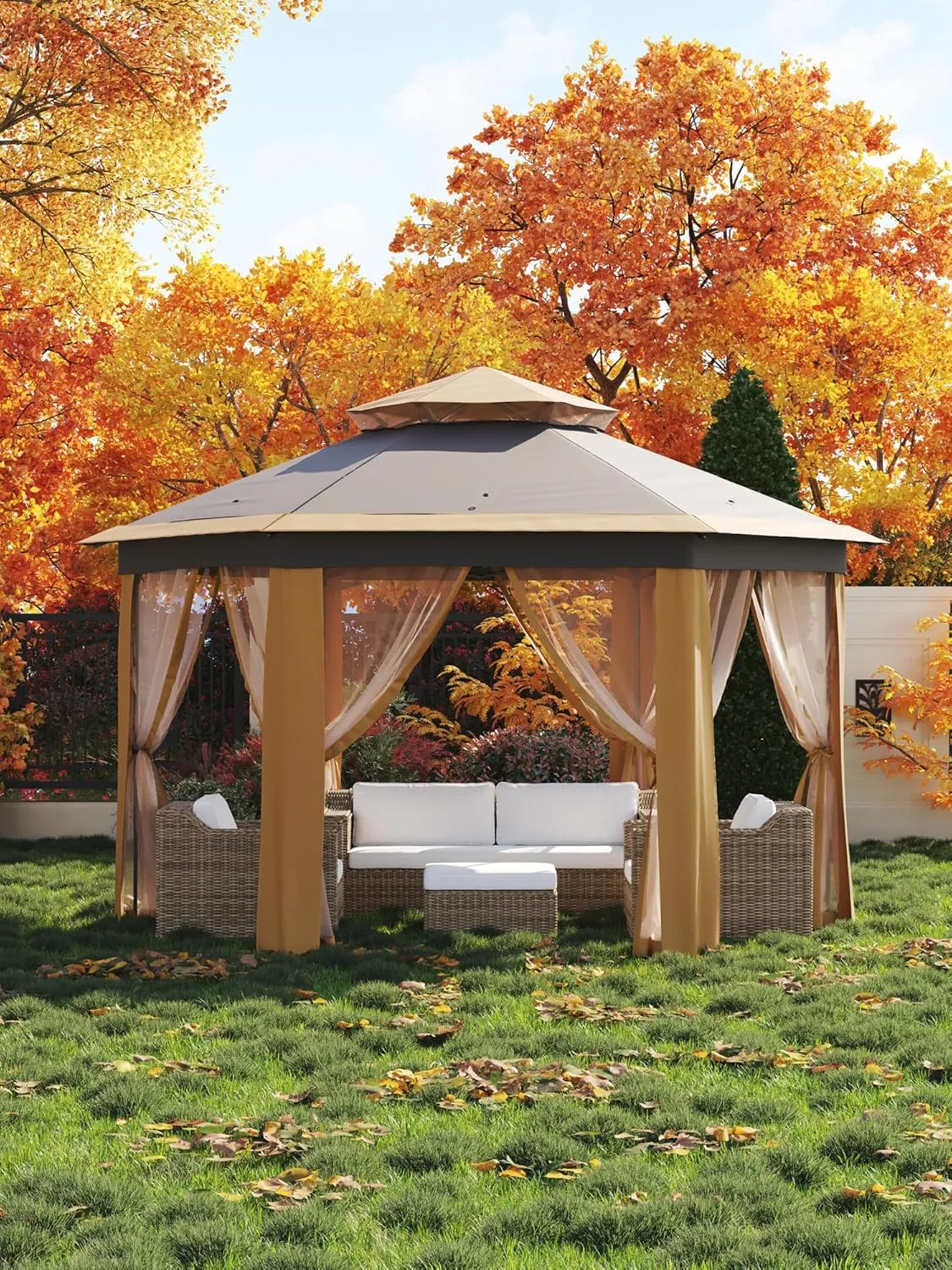 Garvee 13x13FT Pop Up Gazebo Screen Tent,Hexagonal Instant Gazebo Tent with Mosquito Netting Outdoor Canopy,6 Sided Sun Shelter with Mesh Netting,Pavilion Tents for Patio,Khaki Beige