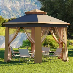 Garvee 13x13FT Pop Up Gazebo Screen Tent,Hexagonal Instant Gazebo Tent with Mosquito Netting Outdoor Canopy,6 Sided Sun Shelter with Mesh Netting,Pavilion Tents for Patio,Khaki Beige