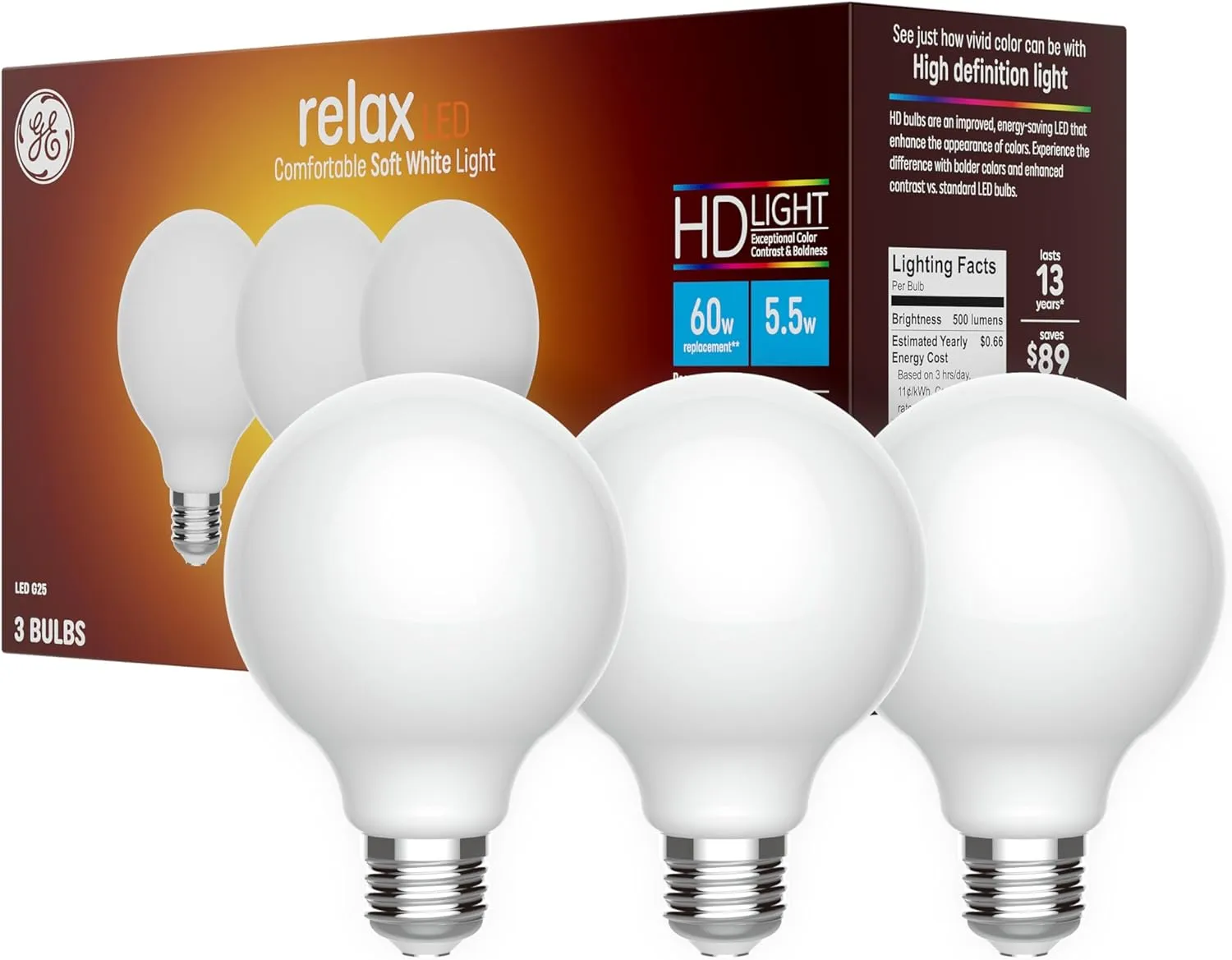 GE Relax LED Light Bulbs, 60 Watt, Soft White, G25 Globe Bulbs, Frosted, Medium Base (3 Pack)