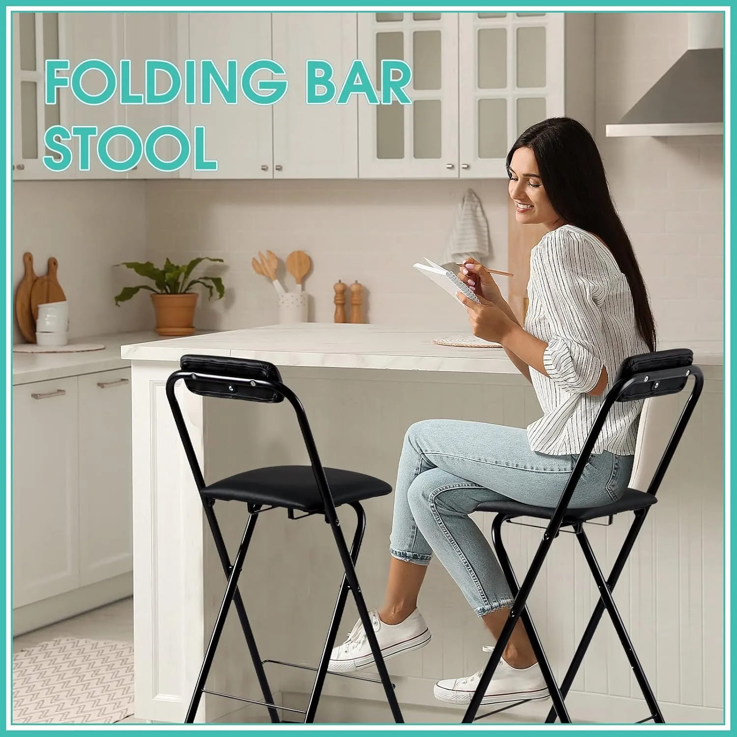 Geelin 2 Pcs 25.6 Inch Folding Chair Stool Chair Foldable Chair Portable Folding Chairs with Padded Seats Bar Office Guitar Desk Counter Fold up Sitting Stool Chair for Adults Kids