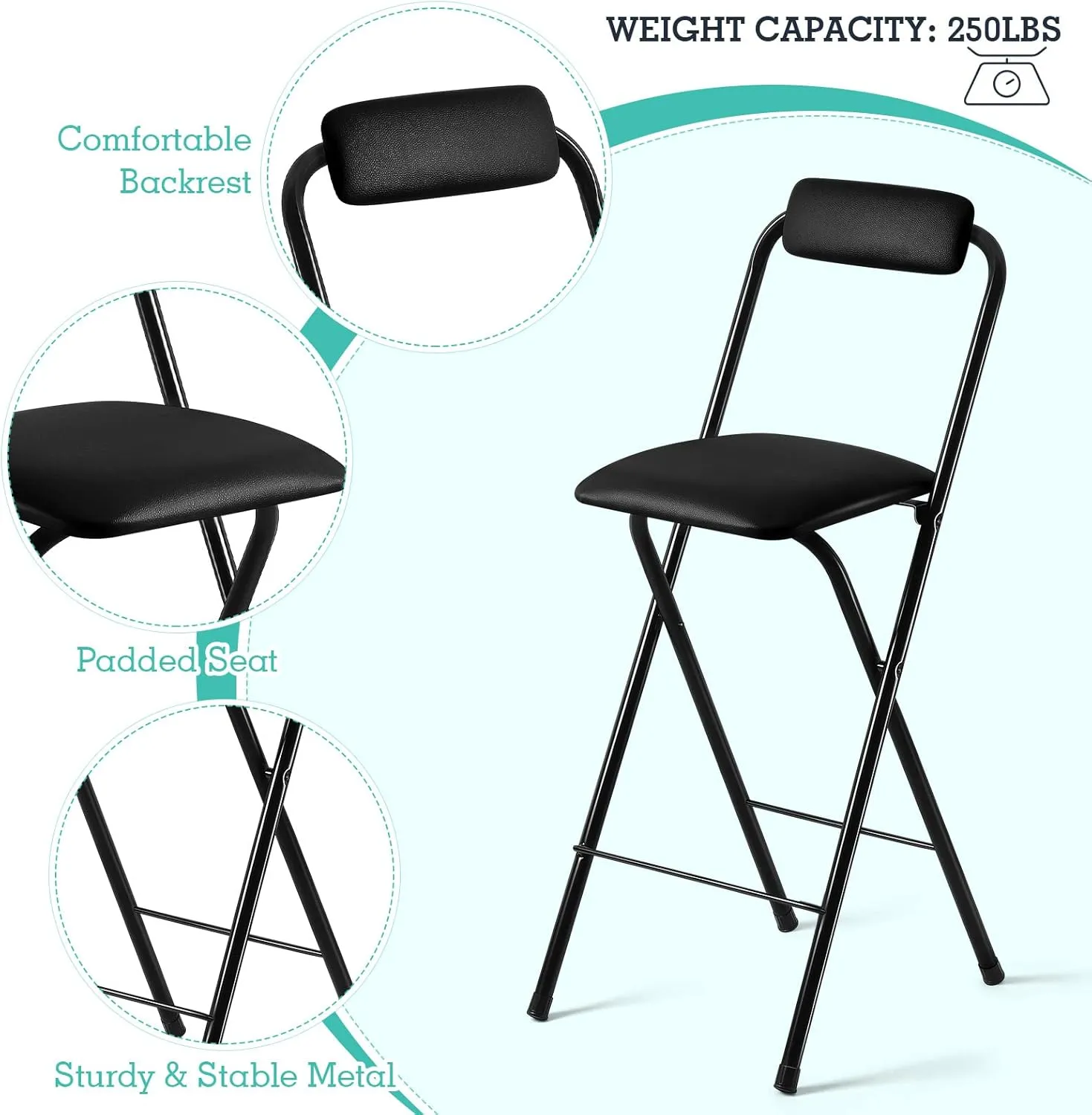 Geelin 2 Pcs 25.6 Inch Folding Chair Stool Chair Foldable Chair Portable Folding Chairs with Padded Seats Bar Office Guitar Desk Counter Fold up Sitting Stool Chair for Adults Kids