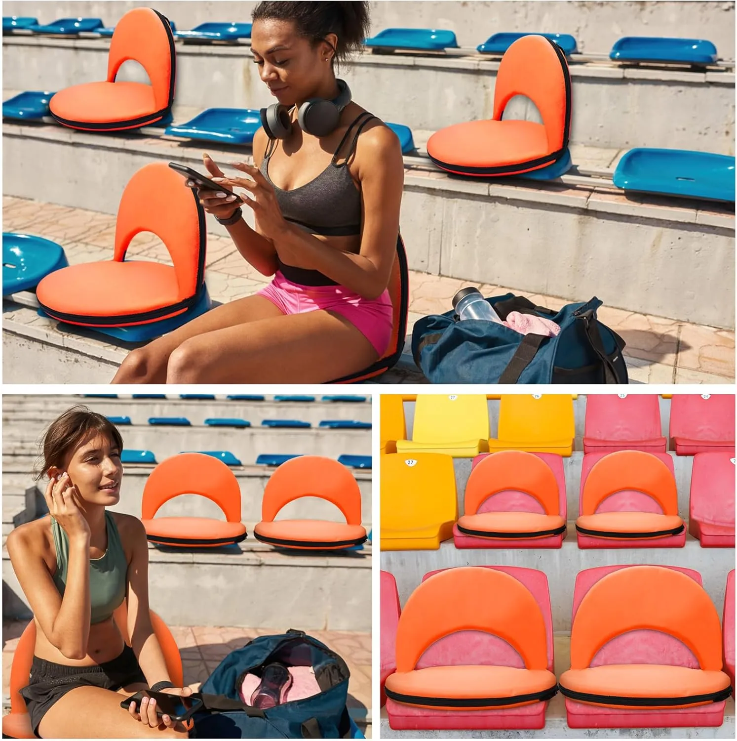 Geetery Folding Stadium Seats for Bleachers with Back Support and Cushion Wide Padded Stadium Chair Foldable Floor Chair for Sport Event Camping Beach, 6 Adjustable Reclining Position