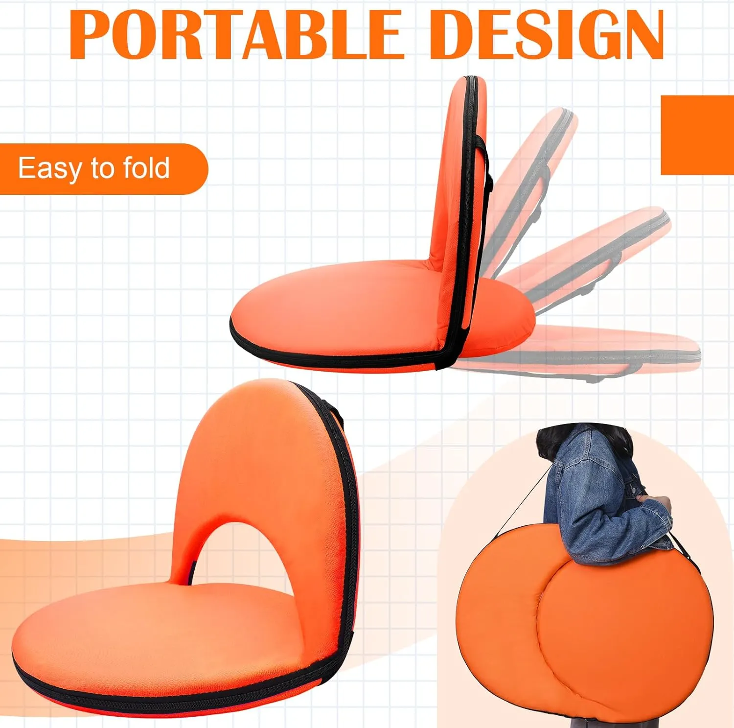 Geetery Folding Stadium Seats for Bleachers with Back Support and Cushion Wide Padded Stadium Chair Foldable Floor Chair for Sport Event Camping Beach, 6 Adjustable Reclining Position
