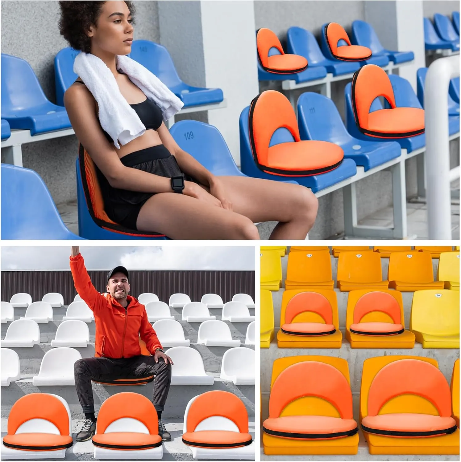 Geetery Folding Stadium Seats for Bleachers with Back Support and Cushion Wide Padded Stadium Chair Foldable Floor Chair for Sport Event Camping Beach, 6 Adjustable Reclining Position