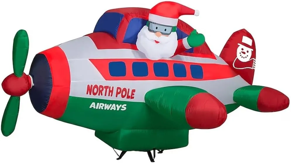 Gemmy 8-FT Wide Animated Santa Flying in North Pole Airplane Christmas Inflatable