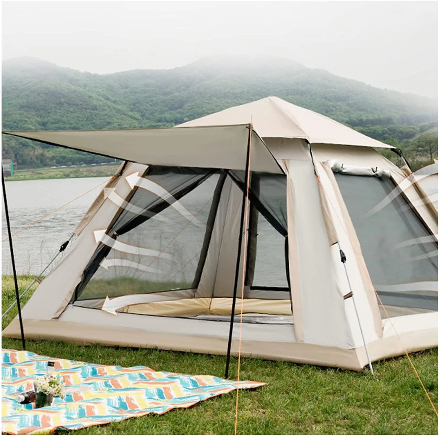 GeRRiT Big Tents for Camping 4 Man Double Doors and Four Windows,Insect Proof Family Camping Tent Practical and Lightweight Quick Erect Tents for Camping, Hiking, Mountaineering