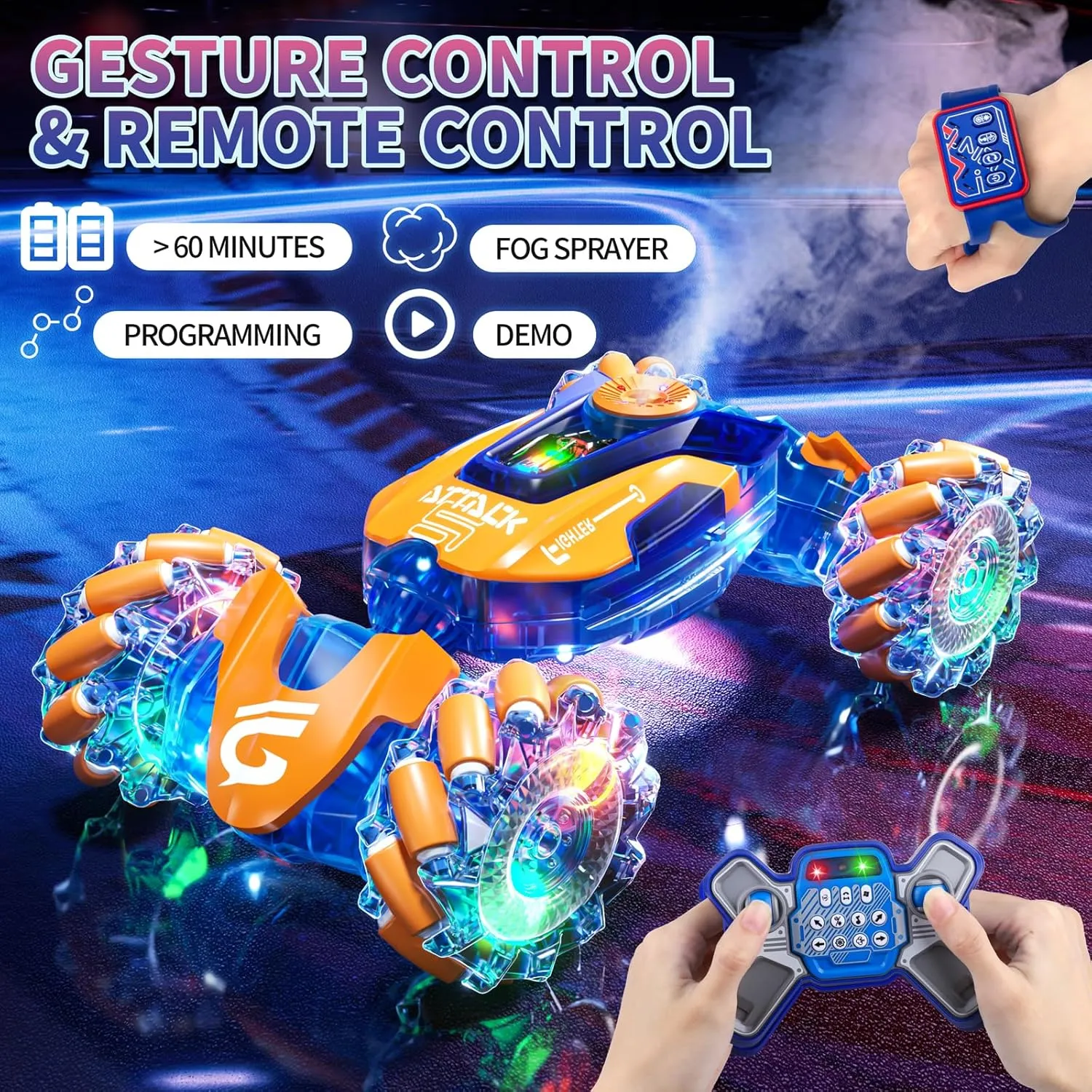 Gesture Sensing RC Stunt Car Toys for Kids, 2.4Ghz Hand Controlled Remote Control Car with LED Light and Music, 4WD Transform Off Road, Age 6 7 8 9 10 11 12 Year Old Boy Birthday Gift (Orange)
