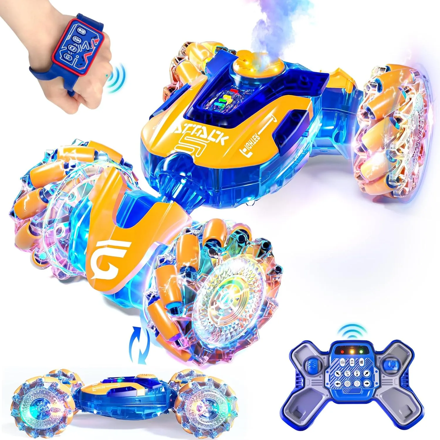 Gesture Sensing RC Stunt Car Toys for Kids, 2.4Ghz Hand Controlled Remote Control Car with LED Light and Music, 4WD Transform Off Road, Age 6 7 8 9 10 11 12 Year Old Boy Birthday Gift (Orange)