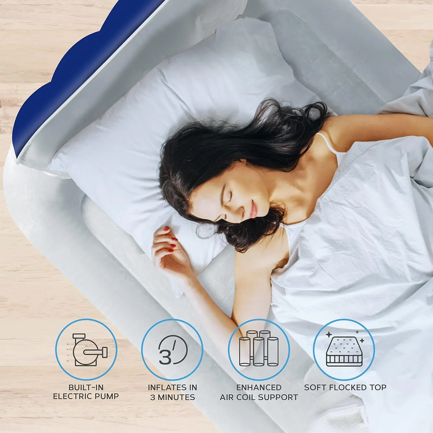 Get Fit Air Bed with Built in Electric Pump - Premium Twin Airbed - Quick Blow Up Bed with Headboard & Free Inflatable Pillow - Elevated Inflatable Air Mattress for Outdoor, Camping - Navy/White