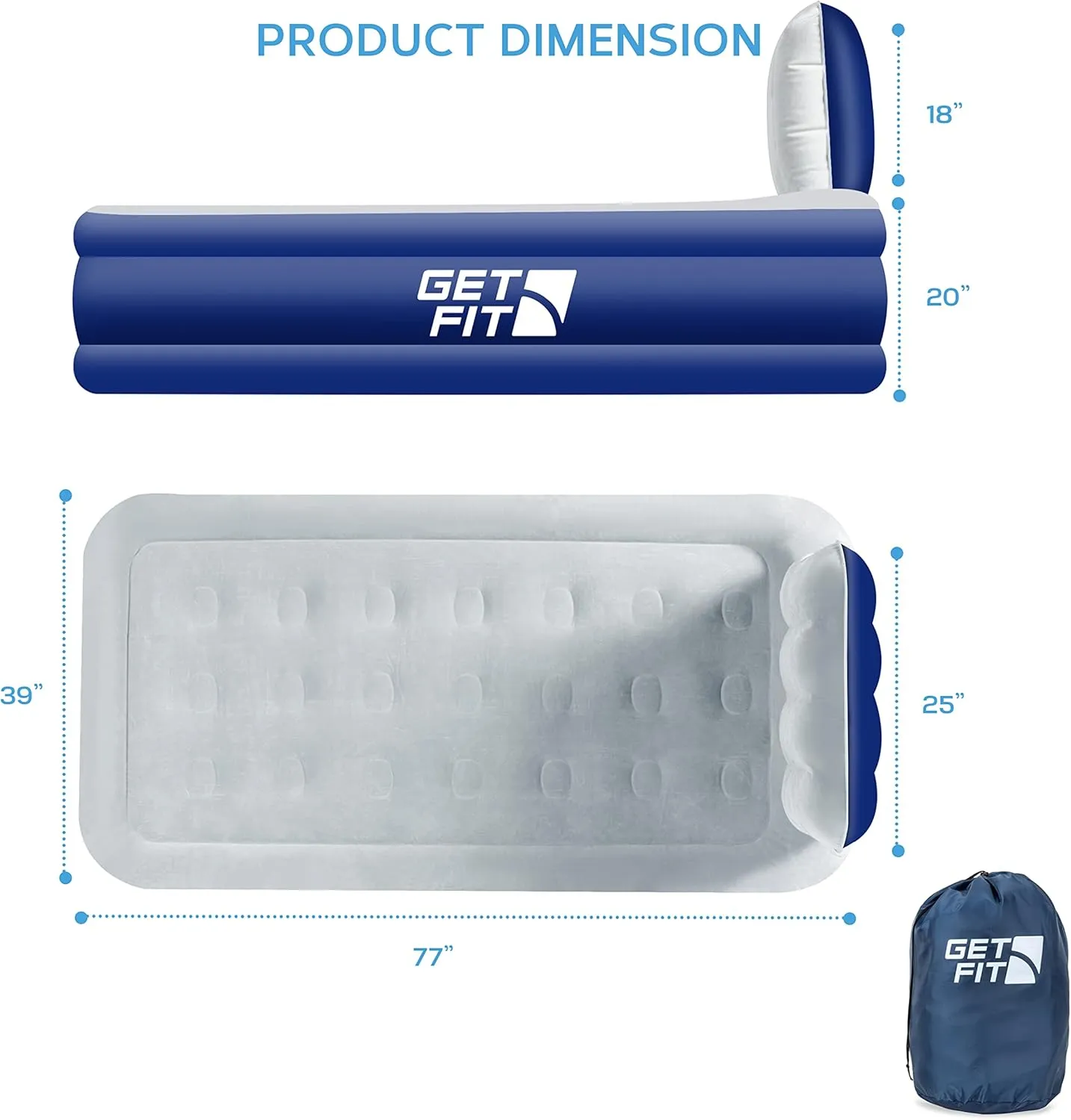 Get Fit Air Bed with Built in Electric Pump - Premium Twin Airbed - Quick Blow Up Bed with Headboard & Free Inflatable Pillow - Elevated Inflatable Air Mattress for Outdoor, Camping - Navy/White