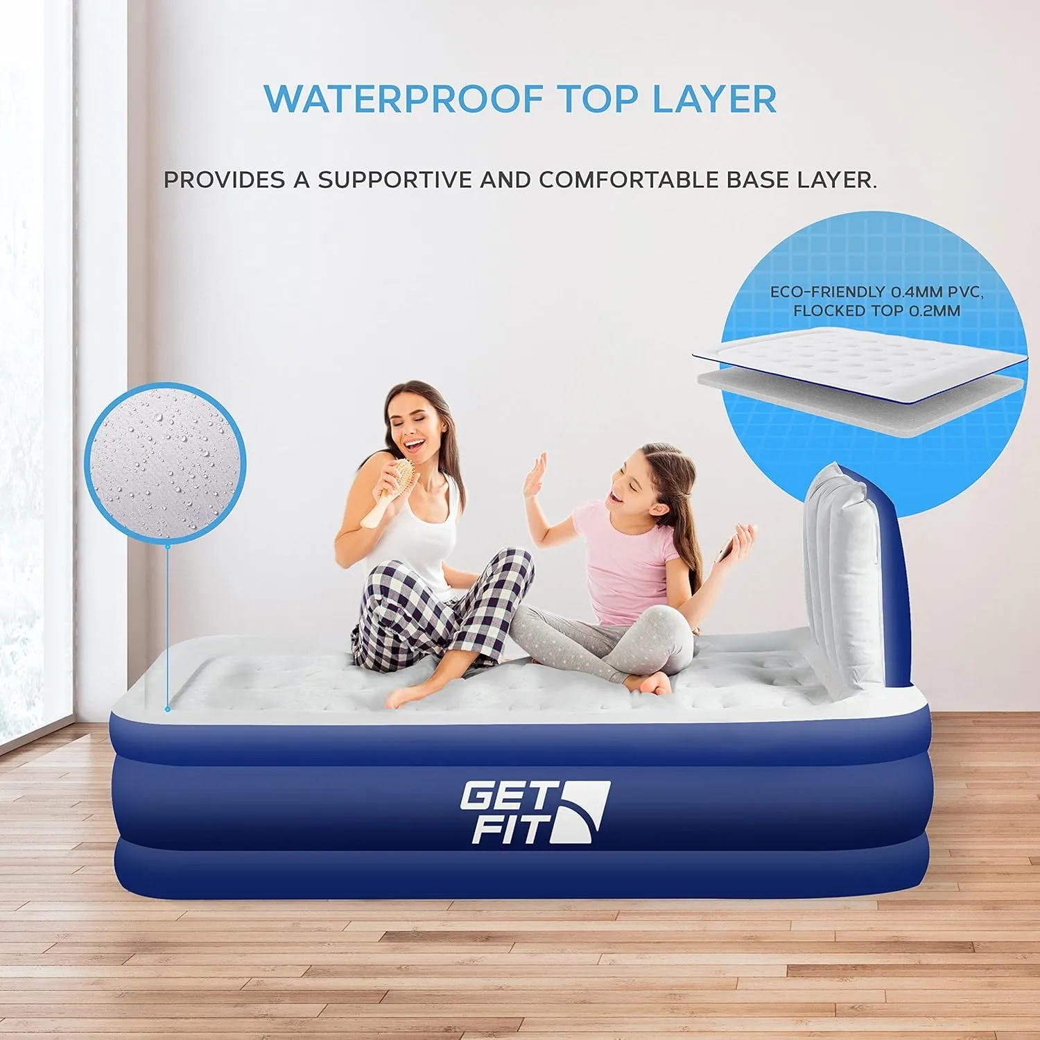 Get Fit Air Bed with Built in Electric Pump - Premium Twin Airbed - Quick Blow Up Bed with Headboard & Free Inflatable Pillow - Elevated Inflatable Air Mattress for Outdoor, Camping - Navy/White