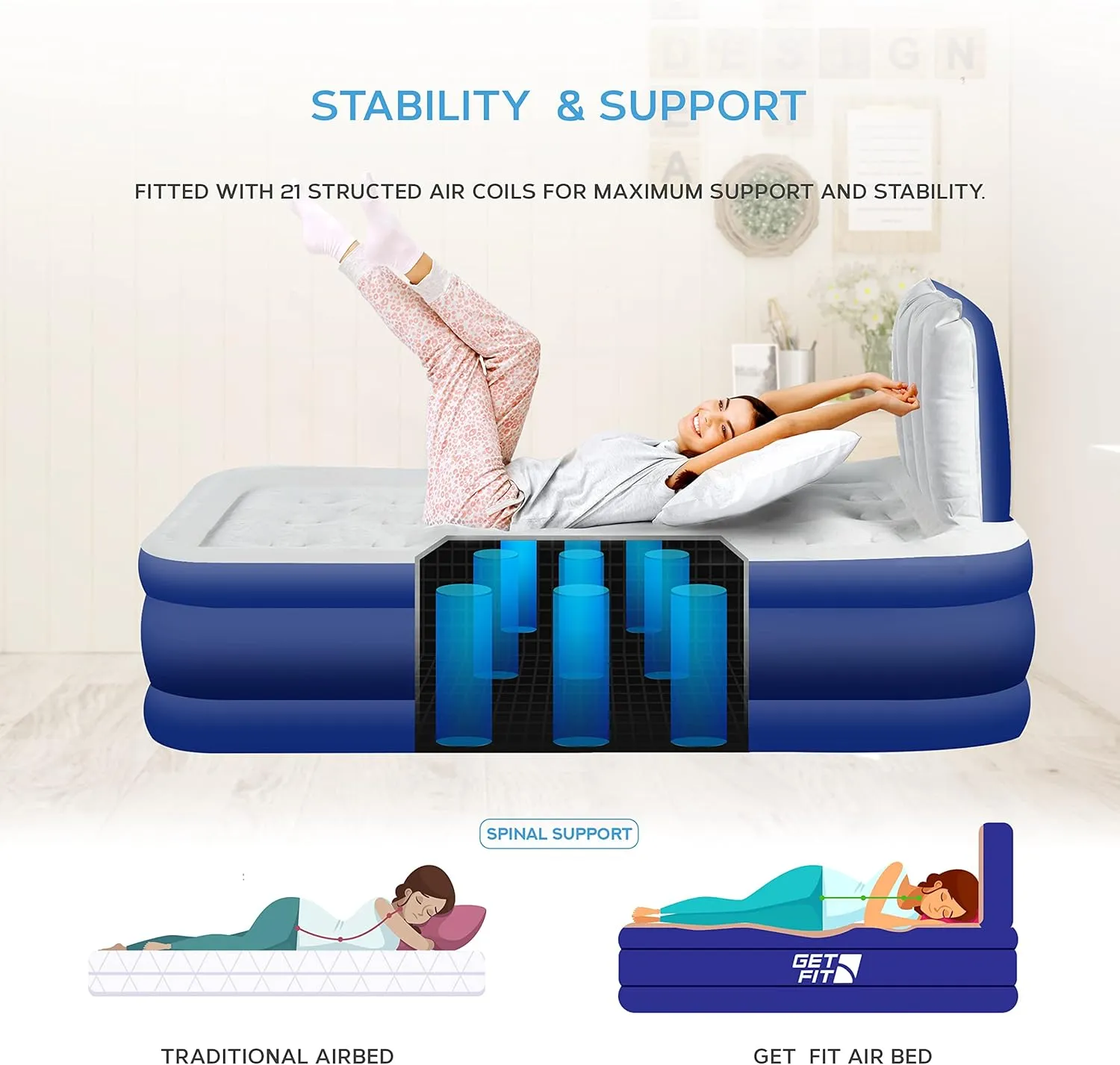 Get Fit Air Bed with Built in Electric Pump - Premium Twin Airbed - Quick Blow Up Bed with Headboard & Free Inflatable Pillow - Elevated Inflatable Air Mattress for Outdoor, Camping - Navy/White
