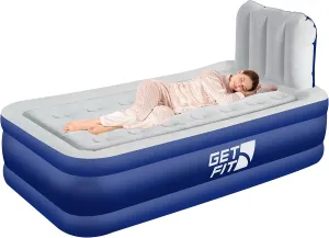 Get Fit Air Bed with Built in Electric Pump - Premium Twin Airbed - Quick Blow Up Bed with Headboard & Free Inflatable Pillow - Elevated Inflatable Air Mattress for Outdoor, Camping - Navy/White