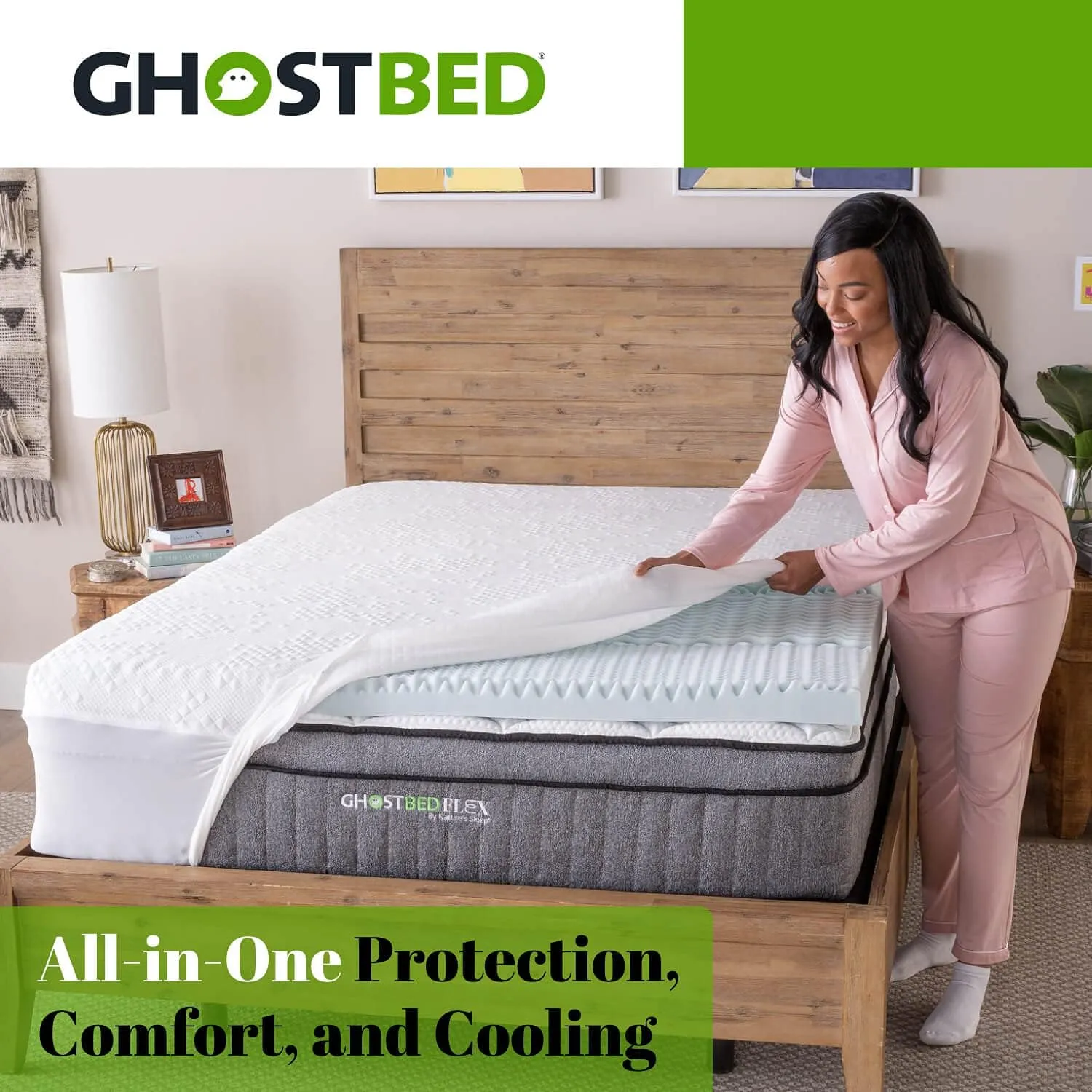 GhostBed 3 Inch Cooling Gel Memory Foam Mattress Topper - Waterproof Cover, Protector & Topper in One, Made in USA - Memory Foam Mattress Topper Twin