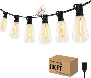 GHUSTAR 100FT LED Outdoor String Llights (NOT Solar) – Patio Lights Outdoor Waterproof for Outside – 2700K Vintage Edison Bulb String Light – Shatterproof Hanging Light for Cafe Porch Deck
