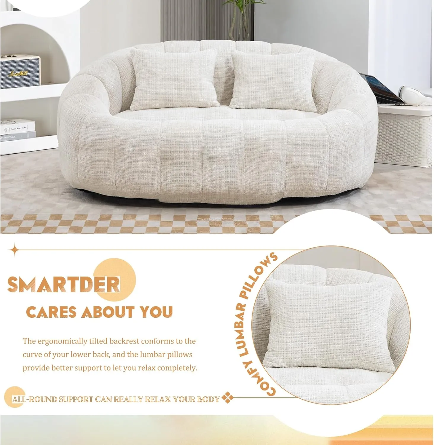 Giant Bean Bag Chair Couch with Foam Filler, Oversized Bean Bag Sofa for Adults,Teens, Comfy Floor Loveseat with 2 Pillows, Lazy Beanbag Lounger for Living Room, Game Room, Office, Chenille Beige