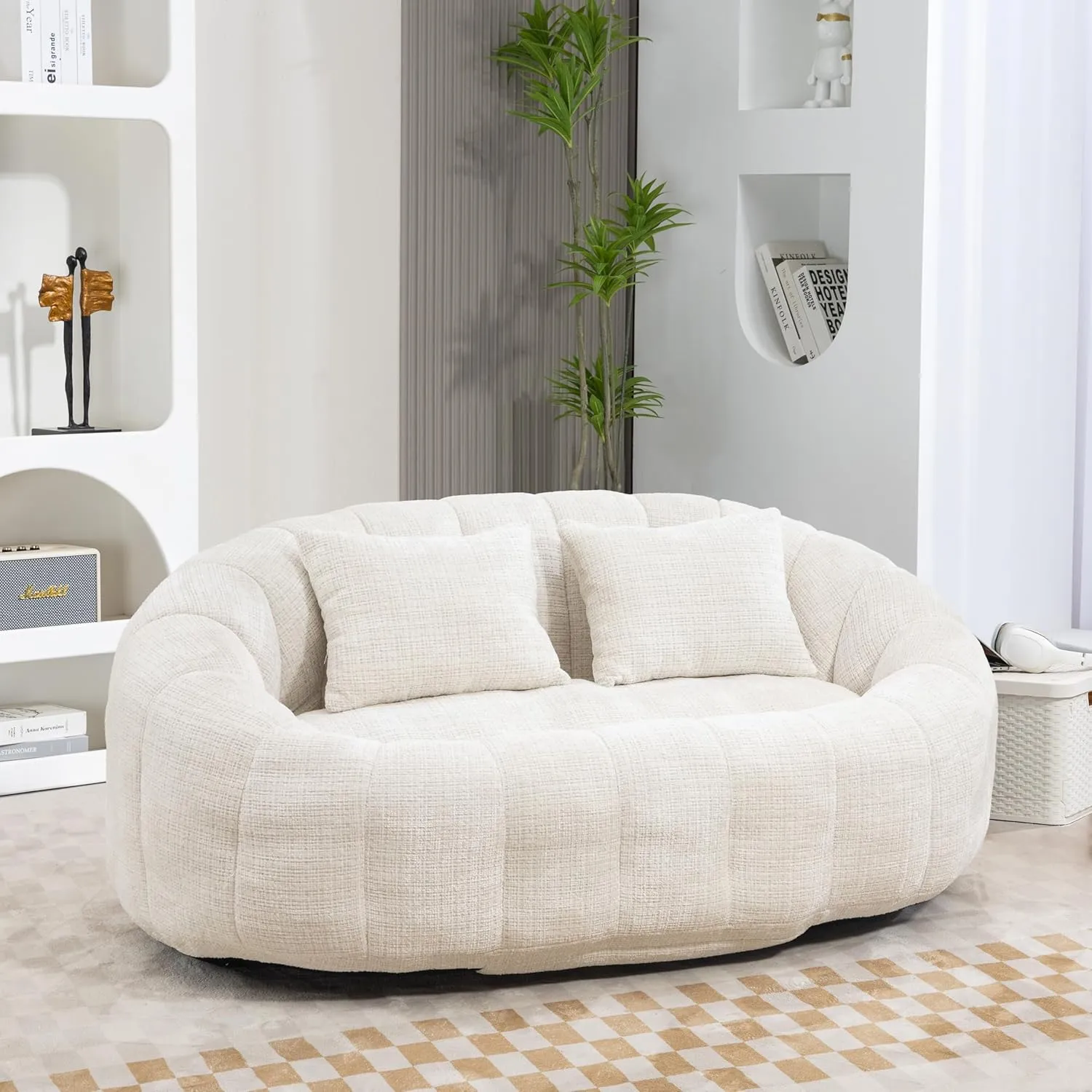 Giant Bean Bag Chair Couch with Foam Filler, Oversized Bean Bag Sofa for Adults,Teens, Comfy Floor Loveseat with 2 Pillows, Lazy Beanbag Lounger for Living Room, Game Room, Office, Chenille Beige