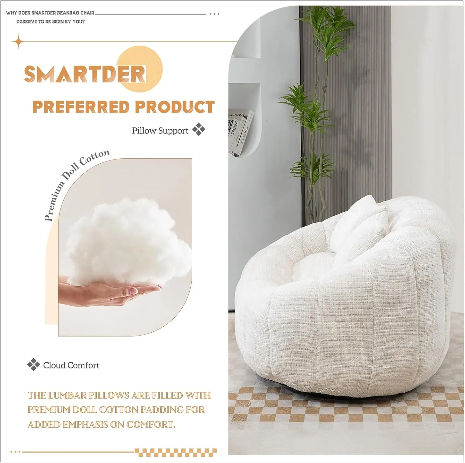 Giant Bean Bag Chair Couch with Foam Filler, Oversized Bean Bag Sofa for Adults,Teens, Comfy Floor Loveseat with 2 Pillows, Lazy Beanbag Lounger for Living Room, Game Room, Office, Chenille Beige