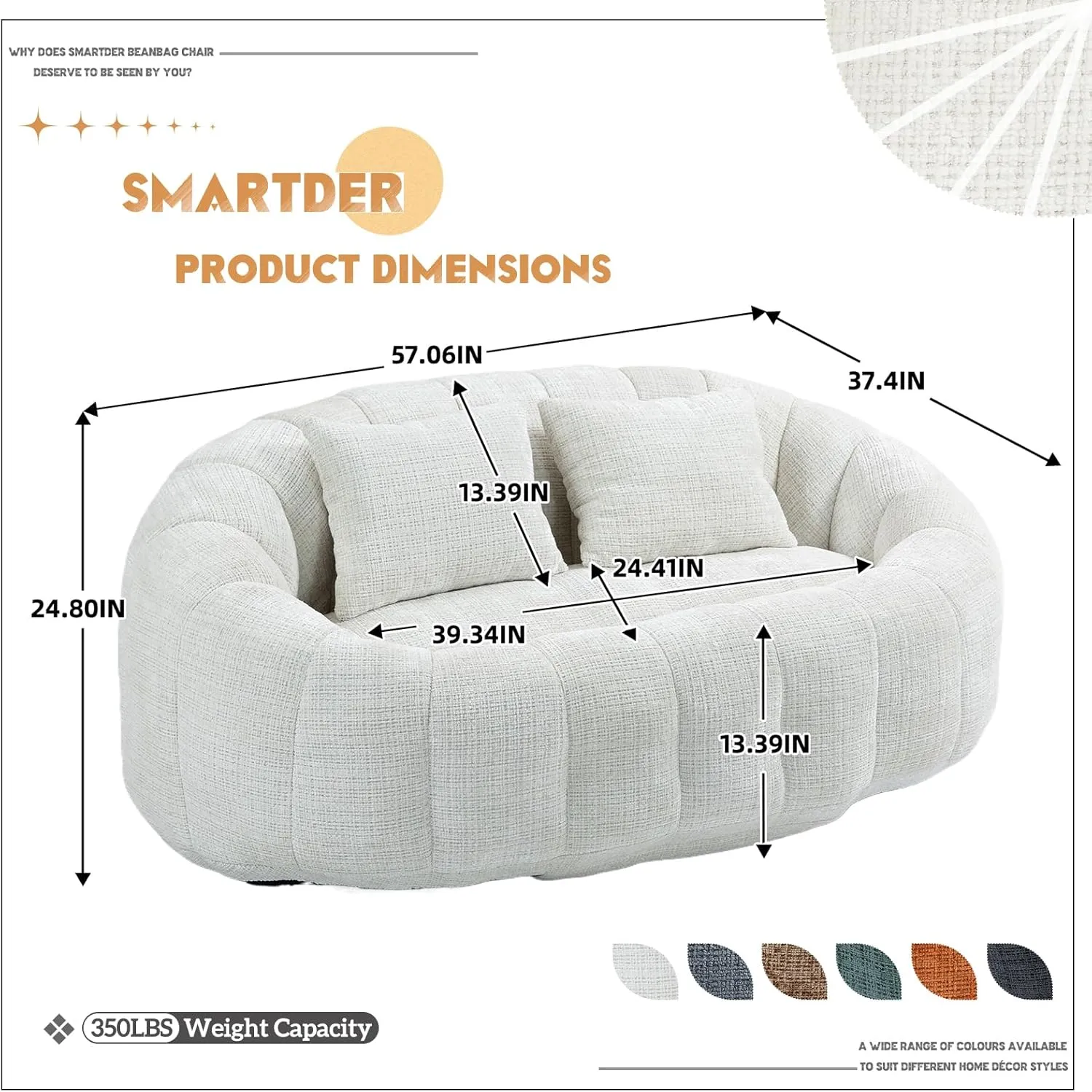 Giant Bean Bag Chair Couch with Foam Filler, Oversized Bean Bag Sofa for Adults,Teens, Comfy Floor Loveseat with 2 Pillows, Lazy Beanbag Lounger for Living Room, Game Room, Office, Chenille Beige