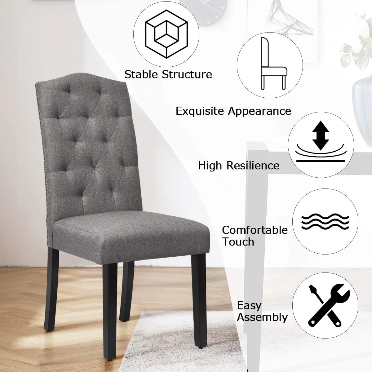Giantex Dining Chairs Set of 2, Tufted Fabric Dining Room Chairs with Nailed Head, Parsons Chairs with Padded Seat, Tall Backrest, Modern Upholstered Armless Dining Chairs for Kitchen, Dining Room