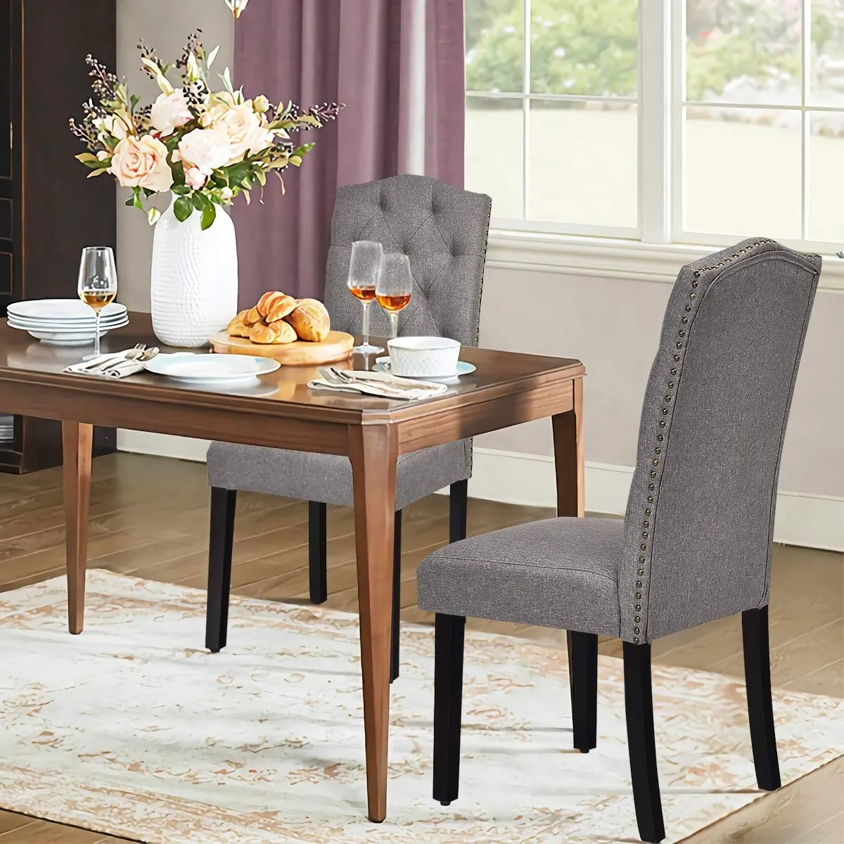 Giantex Dining Chairs Set of 2, Tufted Fabric Dining Room Chairs with Nailed Head, Parsons Chairs with Padded Seat, Tall Backrest, Modern Upholstered Armless Dining Chairs for Kitchen, Dining Room