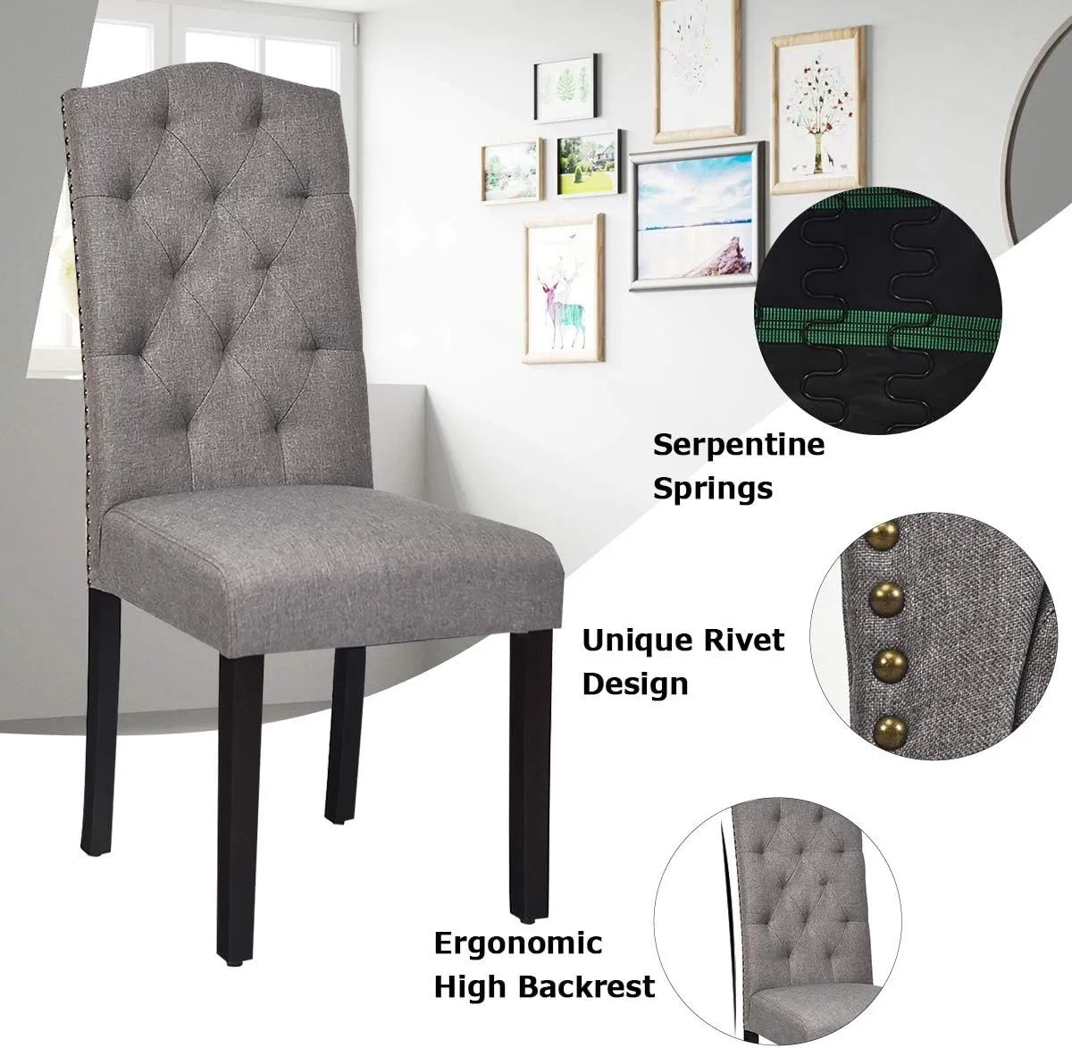 Giantex Dining Chairs Set of 2, Tufted Fabric Dining Room Chairs with Nailed Head, Parsons Chairs with Padded Seat, Tall Backrest, Modern Upholstered Armless Dining Chairs for Kitchen, Dining Room