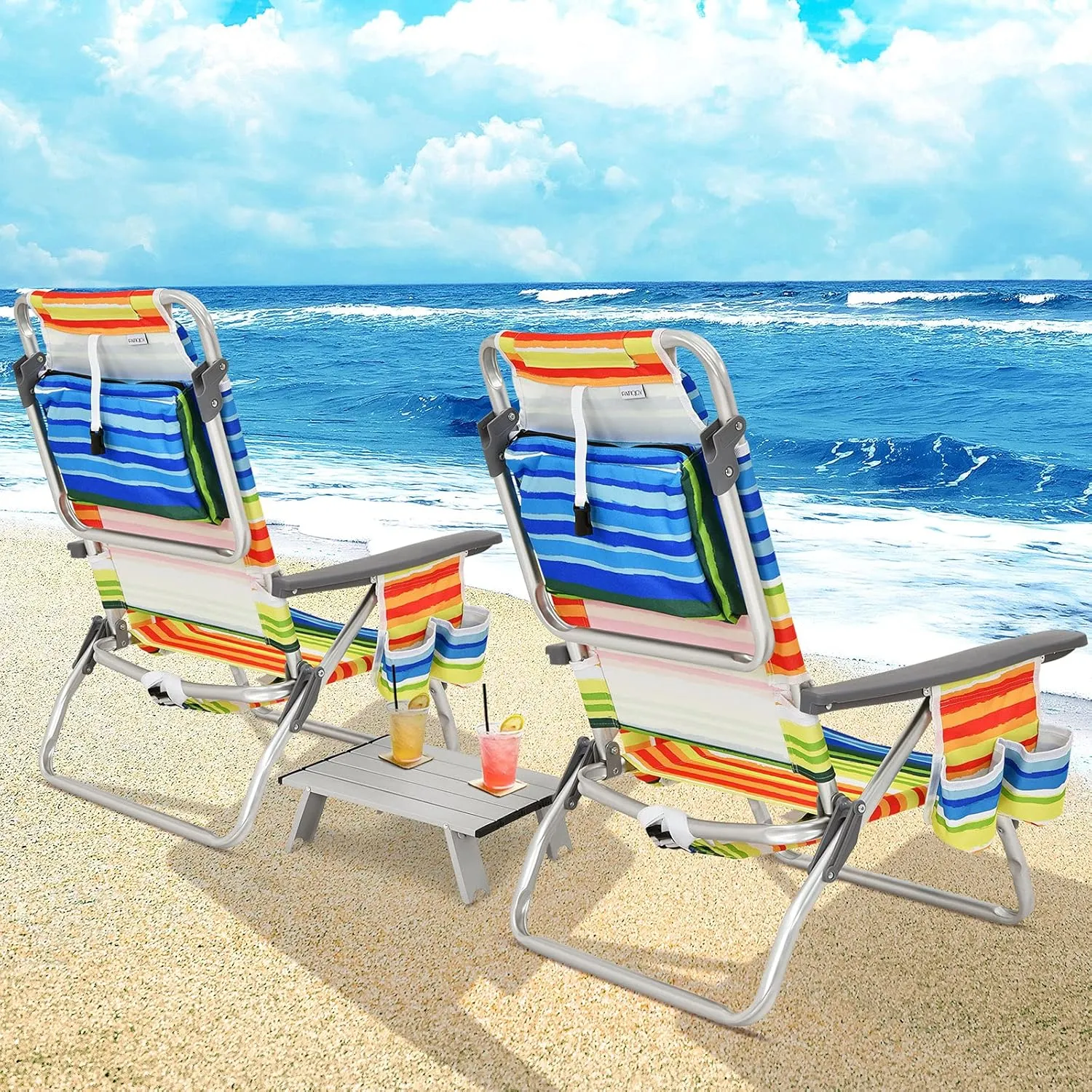 Giantex Folding Beach Chair, Patio Sling Chairs with 5 Adjustable Position, Head Pillow, Storage Bag, Towel Bar, Cup Holders, Backpack Chairs for Sunbathing, Camping Chair