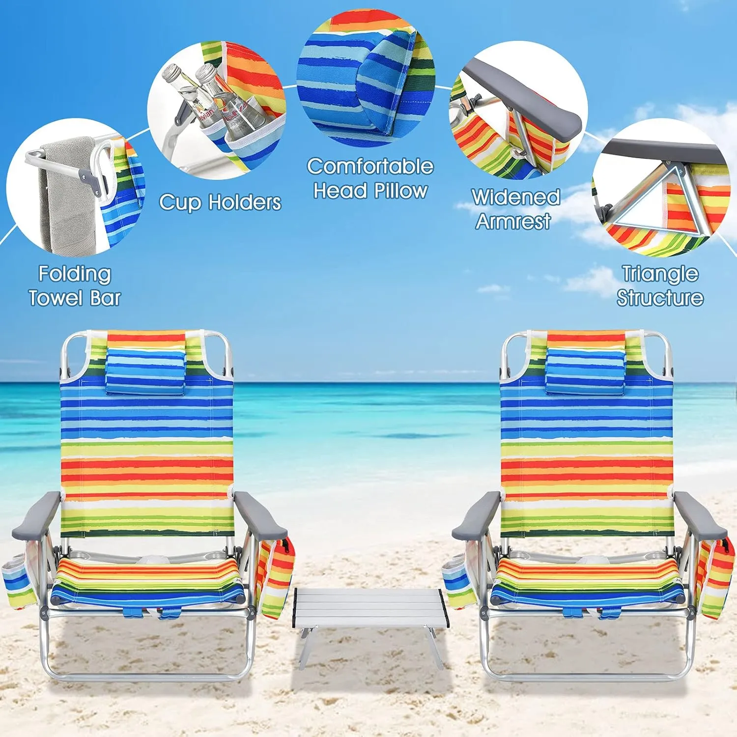 Giantex Folding Beach Chair, Patio Sling Chairs with 5 Adjustable Position, Head Pillow, Storage Bag, Towel Bar, Cup Holders, Backpack Chairs for Sunbathing, Camping Chair