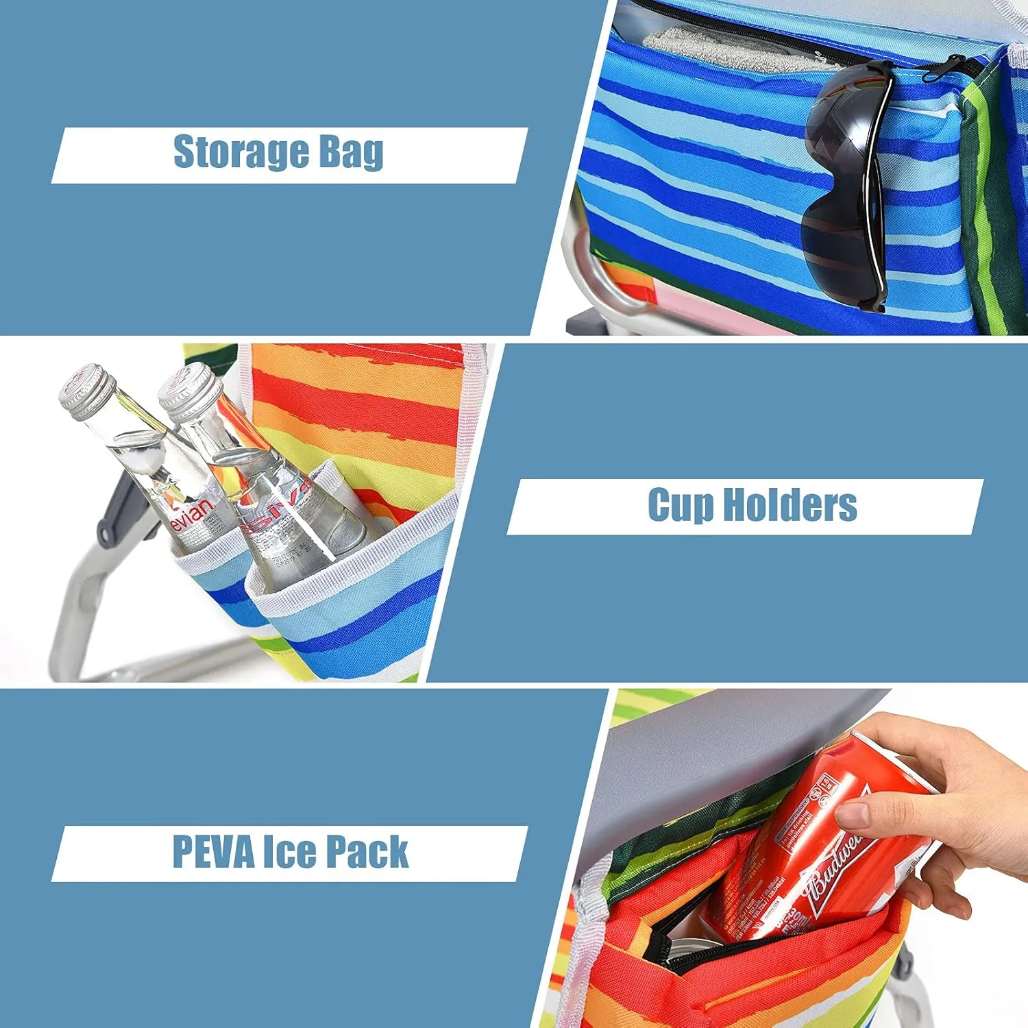 Giantex Folding Beach Chair, Patio Sling Chairs with 5 Adjustable Position, Head Pillow, Storage Bag, Towel Bar, Cup Holders, Backpack Chairs for Sunbathing, Camping Chair