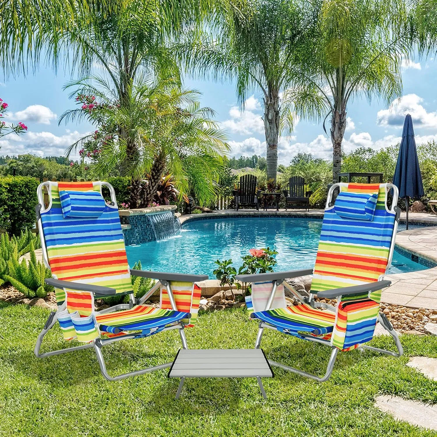 Giantex Folding Beach Chair, Patio Sling Chairs with 5 Adjustable Position, Head Pillow, Storage Bag, Towel Bar, Cup Holders, Backpack Chairs for Sunbathing, Camping Chair