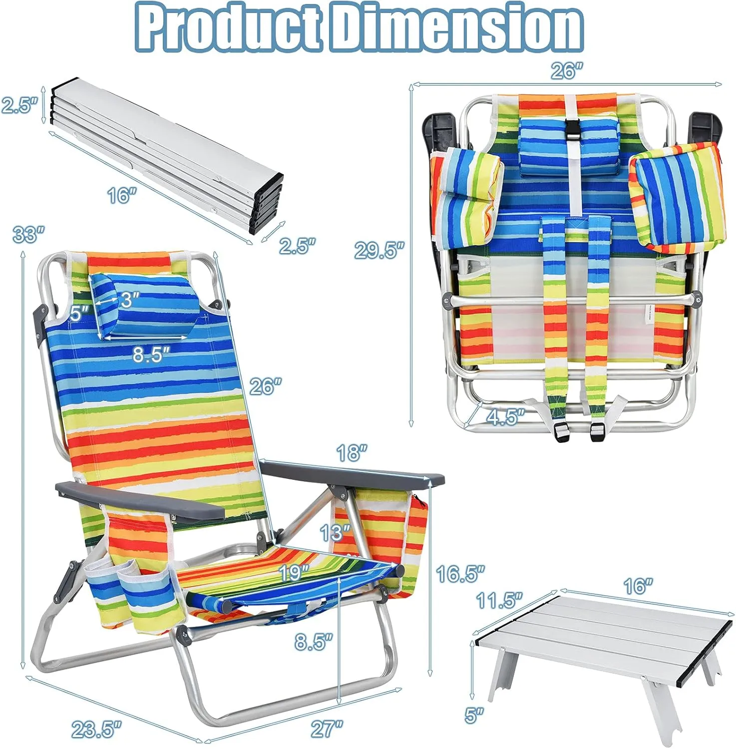 Giantex Folding Beach Chair, Patio Sling Chairs with 5 Adjustable Position, Head Pillow, Storage Bag, Towel Bar, Cup Holders, Backpack Chairs for Sunbathing, Camping Chair