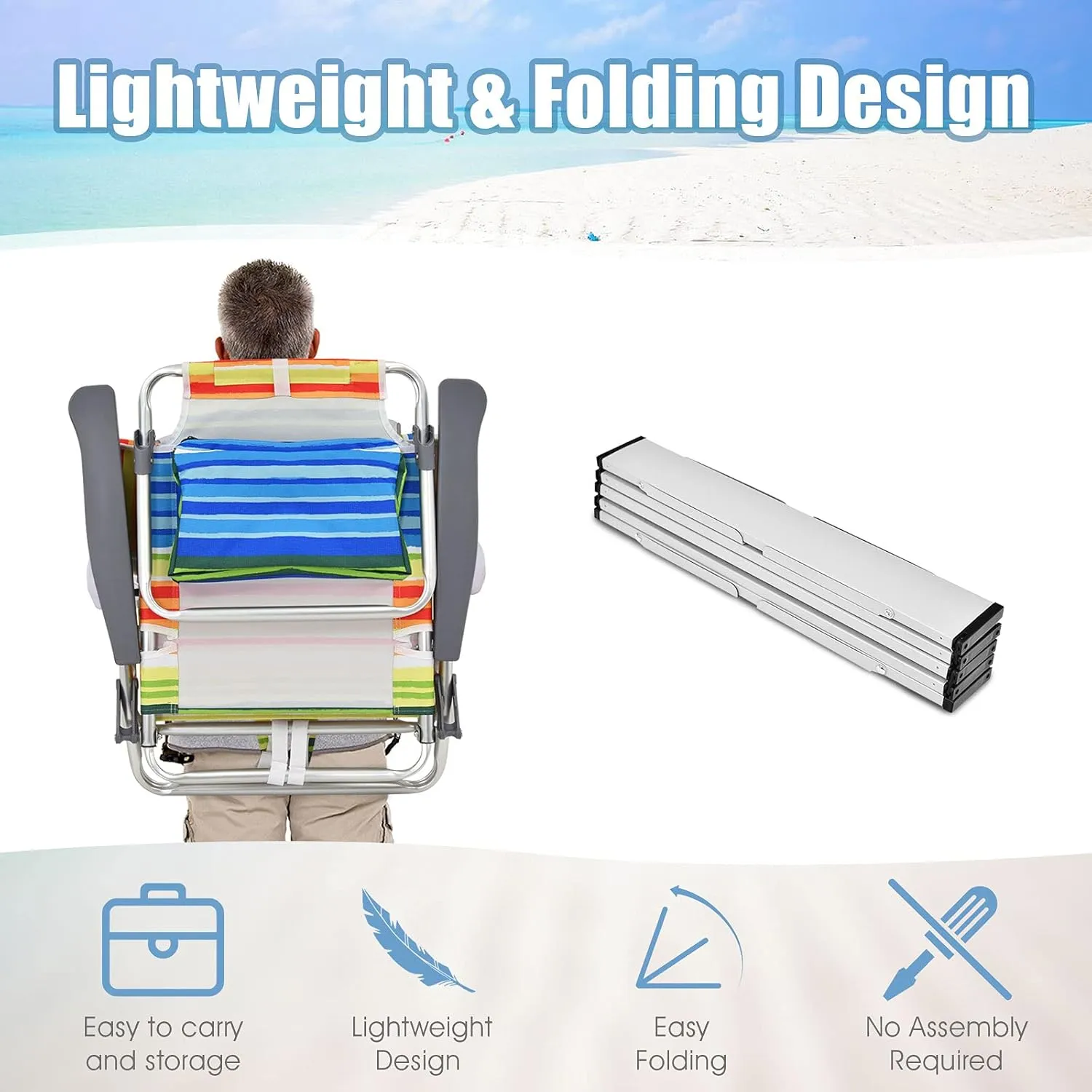 Giantex Folding Beach Chair, Patio Sling Chairs with 5 Adjustable Position, Head Pillow, Storage Bag, Towel Bar, Cup Holders, Backpack Chairs for Sunbathing, Camping Chair