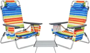 Giantex Folding Beach Chair, Patio Sling Chairs with 5 Adjustable Position, Head Pillow, Storage Bag, Towel Bar, Cup Holders, Backpack Chairs for Sunbathing, Camping Chair