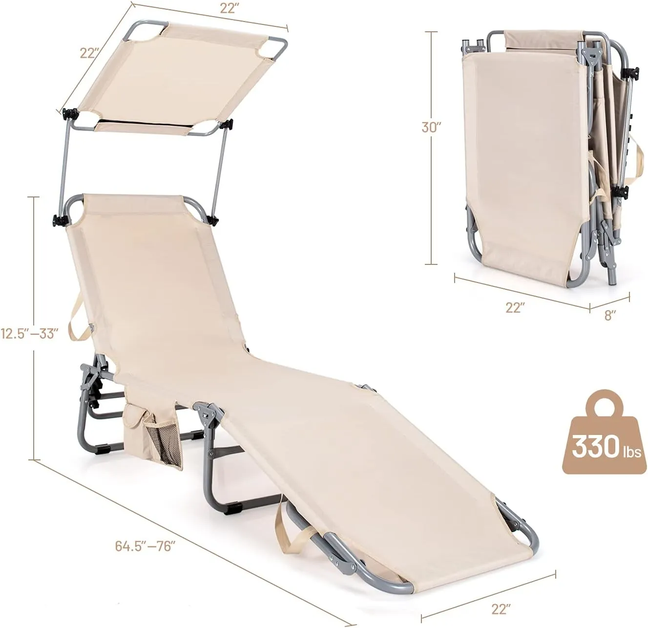 Giantex Outdoor Folding Chaise Lounge, Portable Tanning Chair with 5 Adjustable Positions, 360°Rotatable Canopy Shade, Side Pocket, Patio Lounge Chair for Beach, Lawn Sunbathing Chair (1, Beige)
