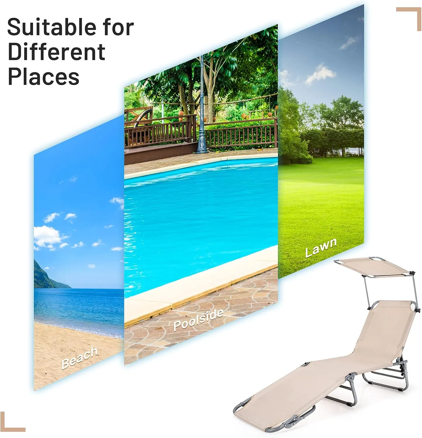Giantex Outdoor Folding Chaise Lounge, Portable Tanning Chair with 5 Adjustable Positions, 360°Rotatable Canopy Shade, Side Pocket, Patio Lounge Chair for Beach, Lawn Sunbathing Chair (1, Beige)