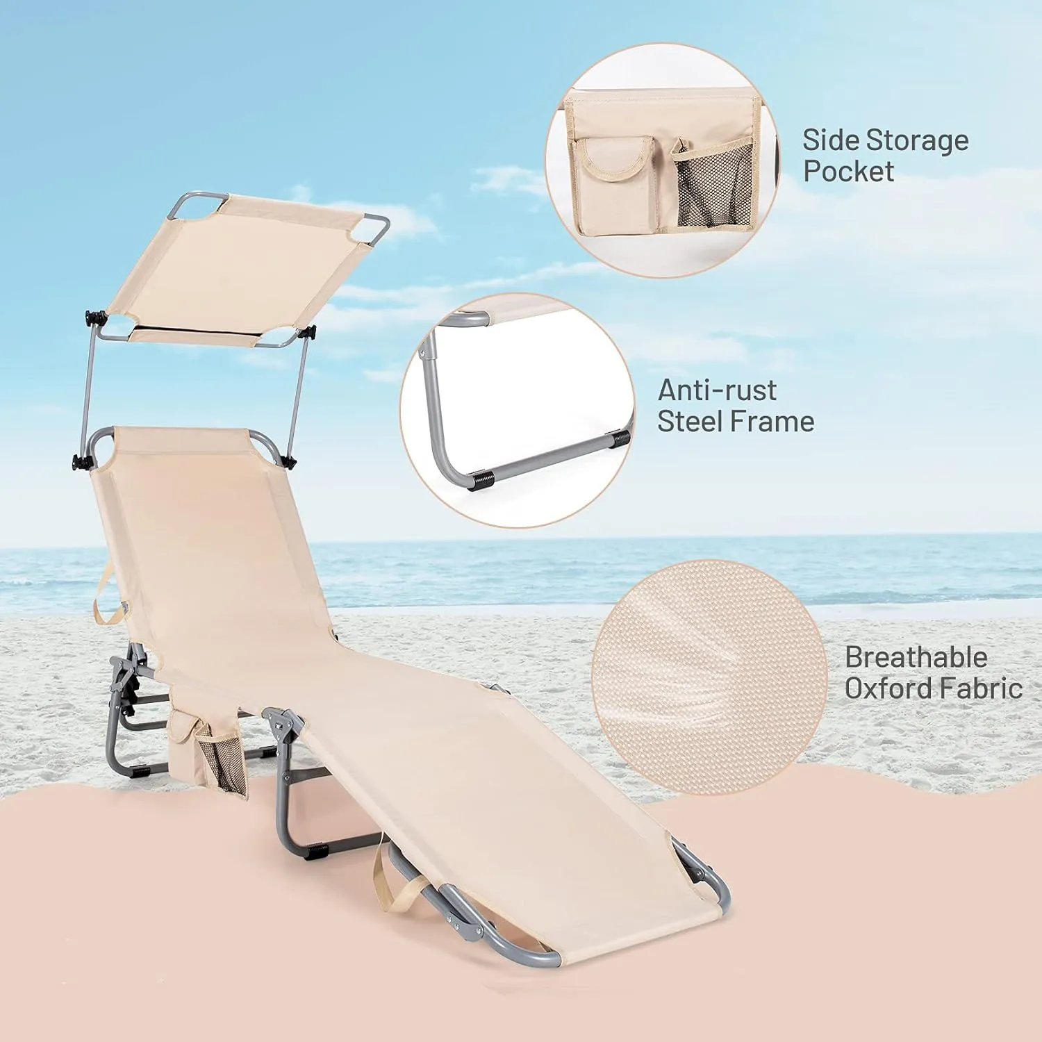 Giantex Outdoor Folding Chaise Lounge, Portable Tanning Chair with 5 Adjustable Positions, 360°Rotatable Canopy Shade, Side Pocket, Patio Lounge Chair for Beach, Lawn Sunbathing Chair (1, Beige)