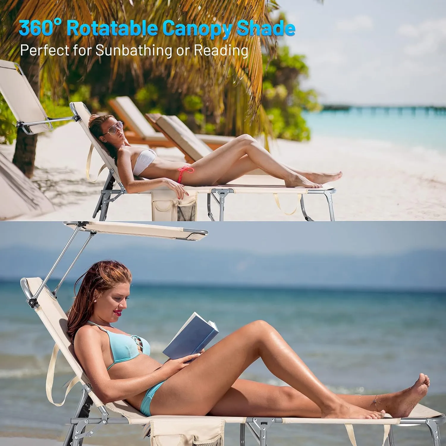 Giantex Outdoor Folding Chaise Lounge, Portable Tanning Chair with 5 Adjustable Positions, 360°Rotatable Canopy Shade, Side Pocket, Patio Lounge Chair for Beach, Lawn Sunbathing Chair (1, Beige)