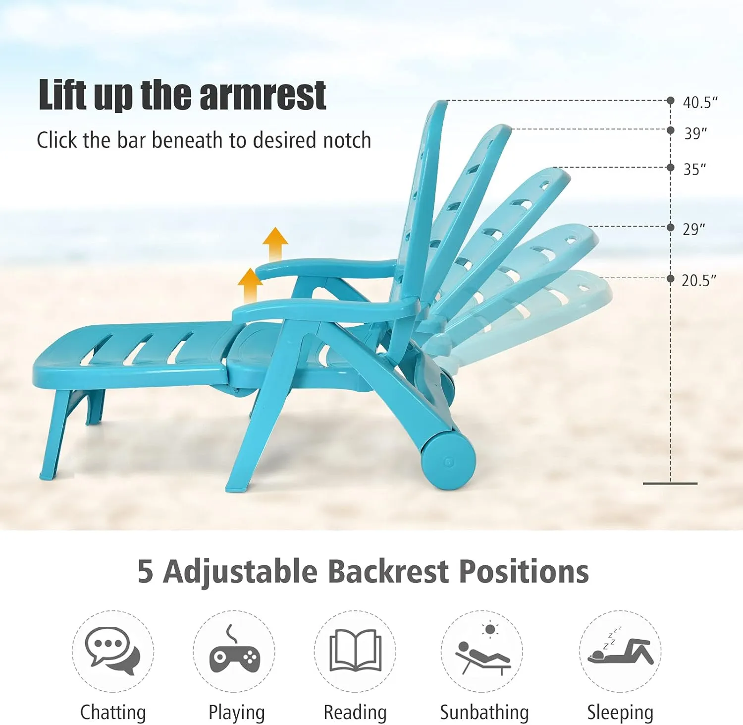 Giantex Patio Chaise Lounge Recliner on Wheels, Folding Deck Chair with Armrests, 5 Adjustable Positions for Poolside, Yard, Garden Rolling Outdoor Lounger Sunbathing Beach Chair(2, Turquoise)