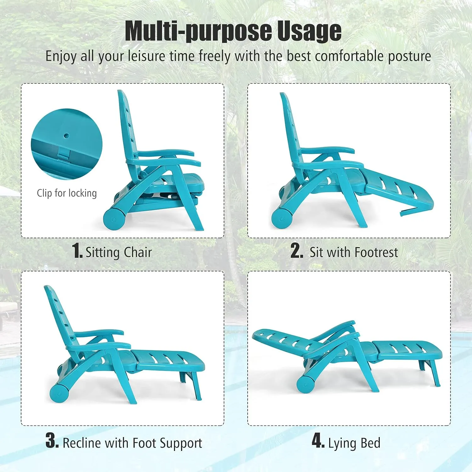 Giantex Patio Chaise Lounge Recliner on Wheels, Folding Deck Chair with Armrests, 5 Adjustable Positions for Poolside, Yard, Garden Rolling Outdoor Lounger Sunbathing Beach Chair(2, Turquoise)